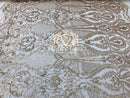 Sequins - Gold - 4 Way Stretch Fancy Fabric Embroidered On Mesh Sold By The Yard