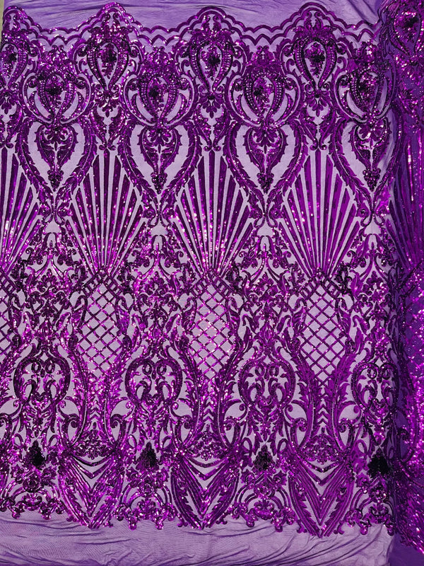 Damask Geometric Sequins - Purple - 4 Way Stretch Sequins Damask Pattern Design Sold By Yard