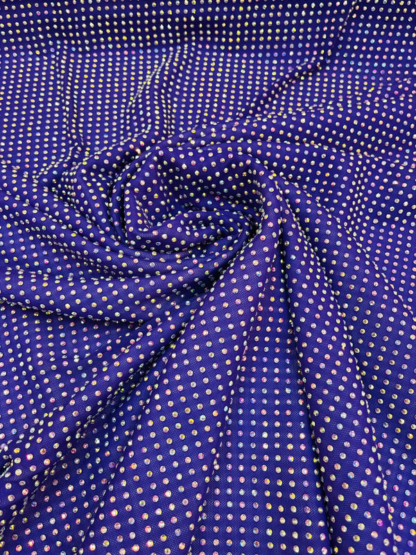 Power Mesh Rhinestone Fabric - Purple - 4 Way Stretch Power Mesh Fabric Crystal Stones By Yard