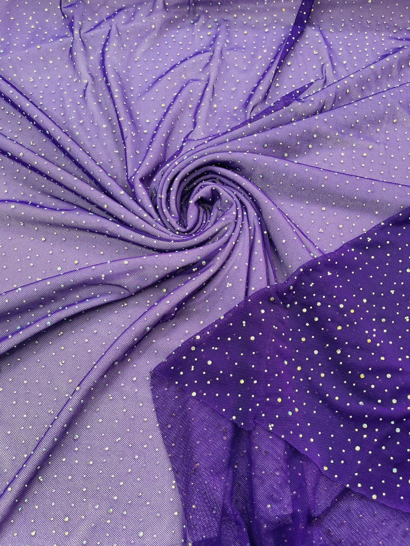 Power Mesh Polyester Rhinestone Fabric - Purple - 4 Way Stretch Power Mesh Fabric Crystal Stones By Yard