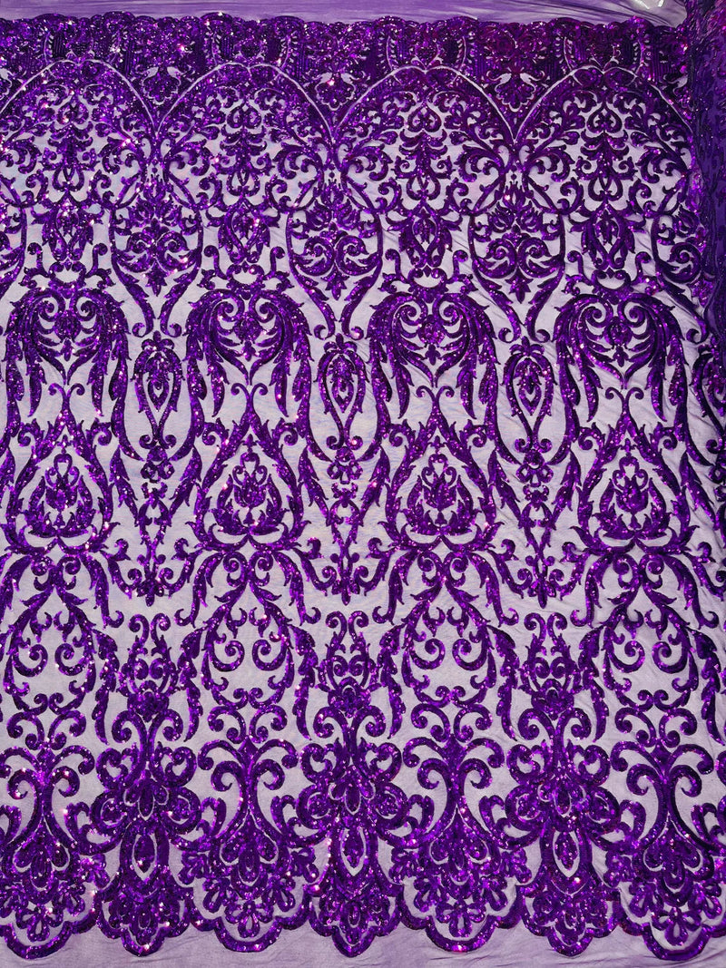 Damask Decor Sequins - Purple - 4 Way Stretch Design High Quality Fabric By Yard