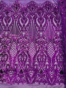 Damask Geometric Sequins - Purple - 4 Way Stretch Sequins Damask Pattern Design Sold By Yard