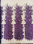 3D Beaded Peacock Feathers - Purple - Vegas Design Embroidered Sequins and Beads On a Mesh Lace Fabric (Choose The Panels)