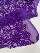Damask Decor Sequins - Purple - 4 Way Stretch Design High Quality Fabric By Yard