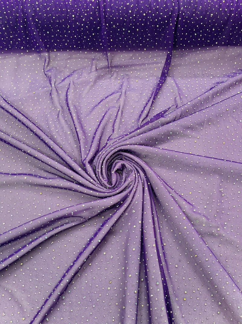Power Mesh Polyester Rhinestone Fabric - Purple - 4 Way Stretch Power Mesh Fabric Crystal Stones By Yard
