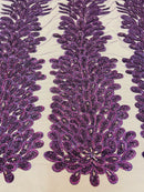 3D Beaded Peacock Feathers - Purple - Vegas Design Embroidered Sequins and Beads On a Mesh Lace Fabric (Choose The Panels)