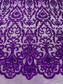 Damask Decor Sequins - Purple - 4 Way Stretch Design High Quality Fabric By Yard