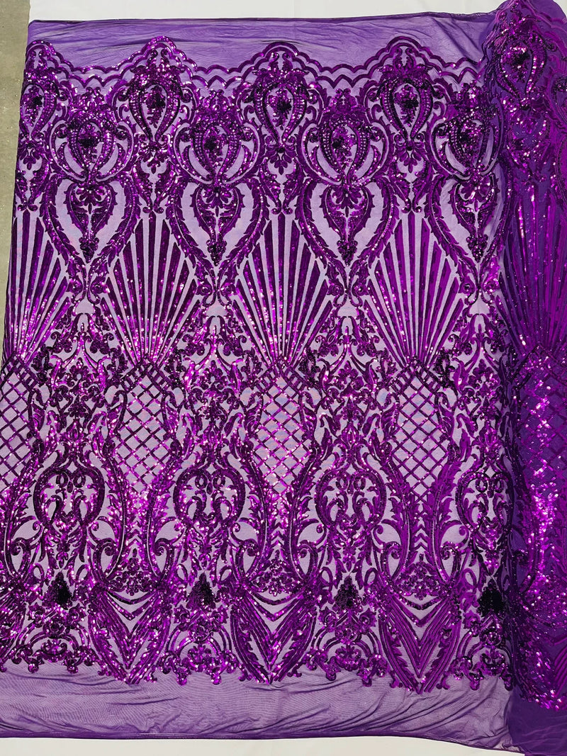 Damask Geometric Sequins - Purple - 4 Way Stretch Sequins Damask Pattern Design Sold By Yard