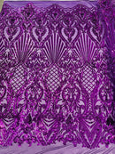 Damask Geometric Sequins - Purple - 4 Way Stretch Sequins Damask Pattern Design Sold By Yard