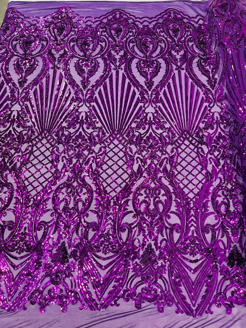 Damask Geometric Sequins - Purple - 4 Way Stretch Sequins Damask Pattern Design Sold By Yard