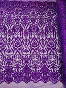 Damask Decor Sequins - Purple - 4 Way Stretch Design High Quality Fabric By Yard