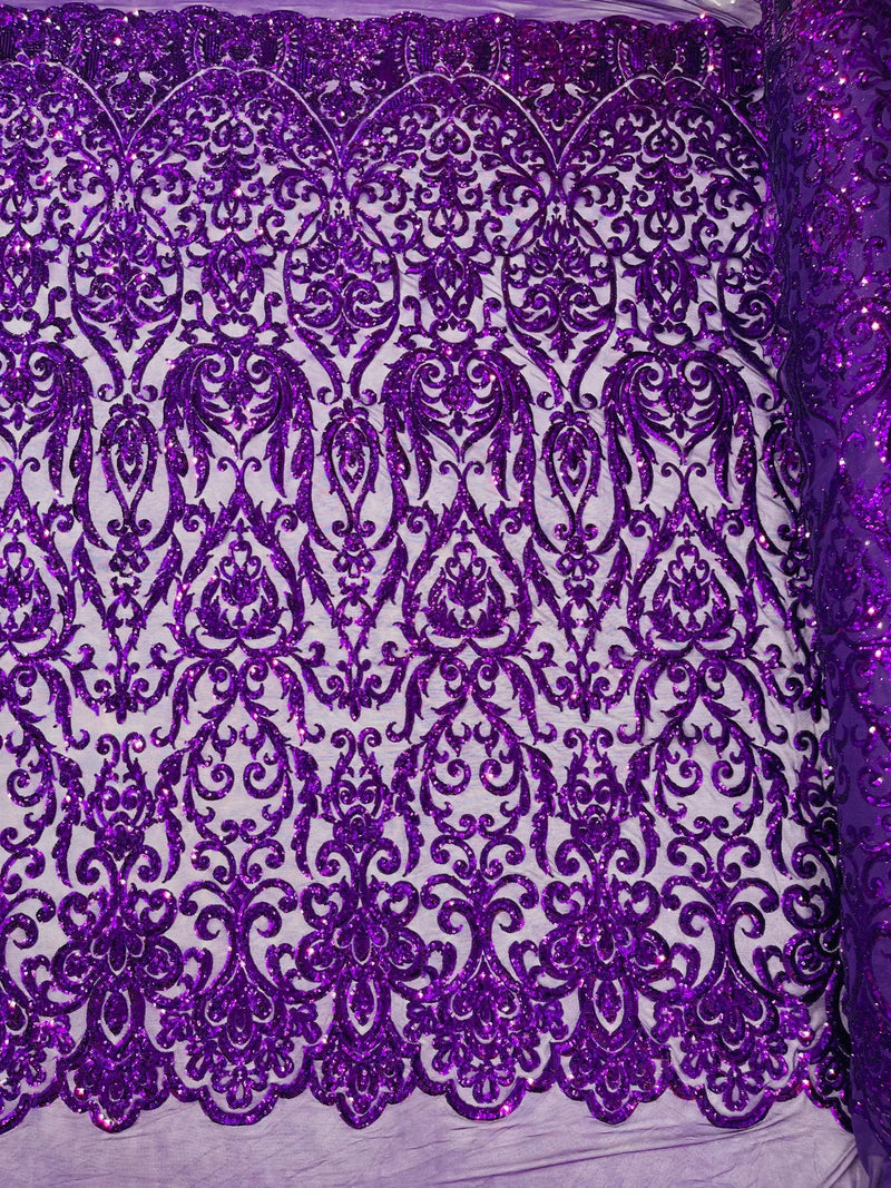 Damask Decor Sequins - Purple - 4 Way Stretch Design High Quality Fabric By Yard