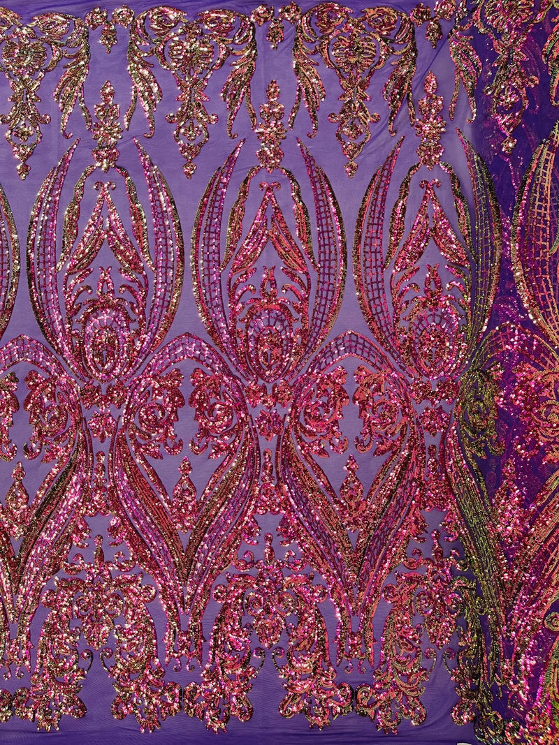 Big Damask Sequins Fabric - Purple Iridescent - 4 Way Stretch Damask Sequins Design Fabric By Yard