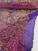 Damask Geometric Sequins - Purple Iridescent - 4 Way Stretch Sequins Damask Pattern Design Sold By Yard