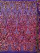 Big Damask Sequins Fabric - Purple Iridescent - 4 Way Stretch Damask Sequins Design Fabric By Yard
