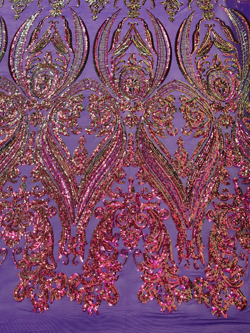 Big Damask Sequins Fabric - Purple Iridescent - 4 Way Stretch Damask Sequins Design Fabric By Yard