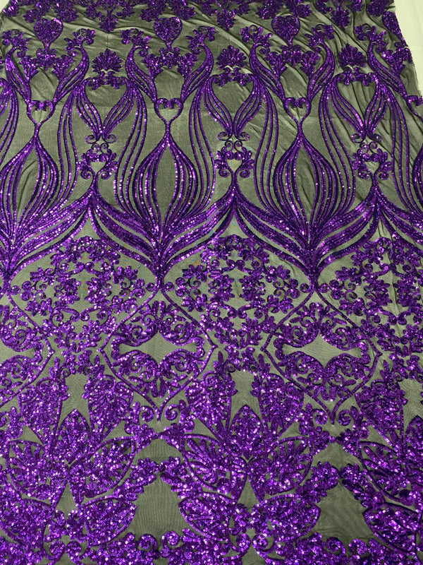 Damask Heart Design - Purple on Black - Damask with Heart Design Sequins on Mesh By Yard