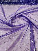 Foil Star Organza - Silver On Purple - 60" Sheer Silver Star Organza Fabric Sold By Yard