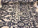 Two Tone Sequins - Navy / Nude - 4 Way Stretch Fancy Design Mesh Fabric Sold By The Yard
