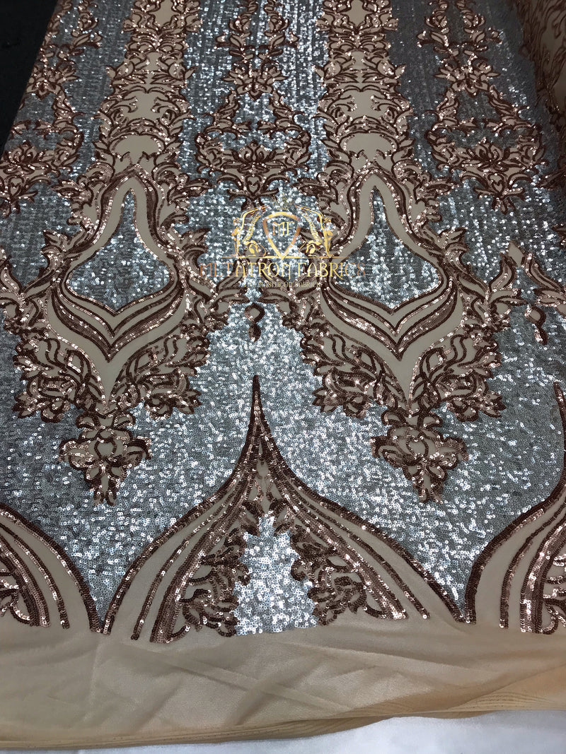 4 Way Stretch - Silver and Rose Gold - Two Tone Flower Design Sequins On Stretch Mesh By The Yard