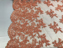 Peach Beaded Bridal Lace, Sold By The Yard Embroidered Floral Wedding Beaded Fabric with Sequins