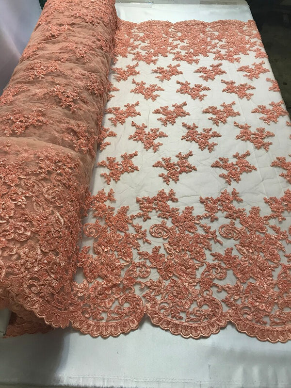 Peach Beaded Bridal Lace, Sold By The Yard Embroidered Floral Wedding Beaded Fabric with Sequins