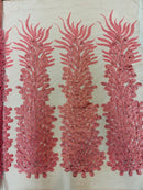 3D Beaded Peacock Feathers - Pink - Vegas Design Embroidered Sequins and Beads On a Mesh Lace Fabric (Choose The Panels)
