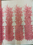 3D Beaded Peacock Feathers - Pink - Vegas Design Embroidered Sequins and Beads On a Mesh Lace Fabric (Choose The Panels)