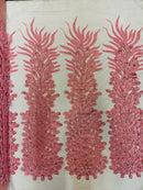 3D Beaded Peacock Feathers - Pink - Vegas Design Embroidered Sequins and Beads On a Mesh Lace Fabric (Choose The Panels)