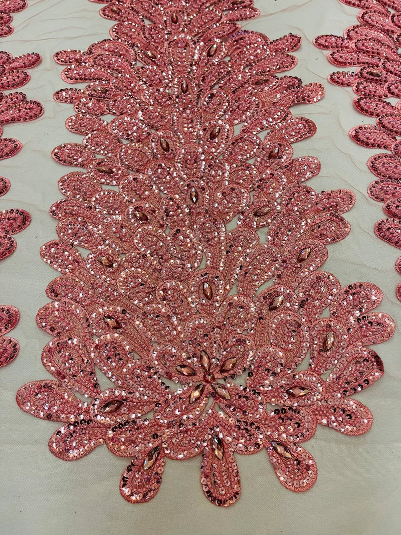 3D Beaded Peacock Feathers - Pink - Vegas Design Embroidered Sequins and Beads On a Mesh Lace Fabric (Choose The Panels)