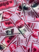 Money Print Fabric - Pink - 100 Dollar Bills Stretch Spandex Fabric By The Yard