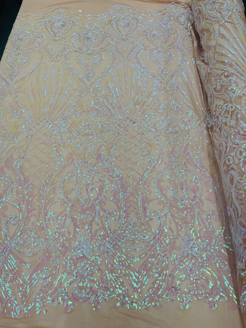 Damask Geometric Sequins - Pink Iridescent on Nude - 4 Way Stretch Sequins Damask Pattern Design Sold By Yard