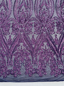Big Damask Sequins Fabric - Purple - 4 Way Stretch Damask Sequins Design Fabric By Yard