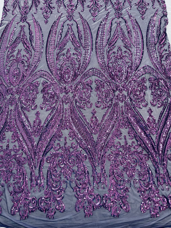 Big Damask Sequins Fabric - Purple - 4 Way Stretch Damask Sequins Design Fabric By Yard