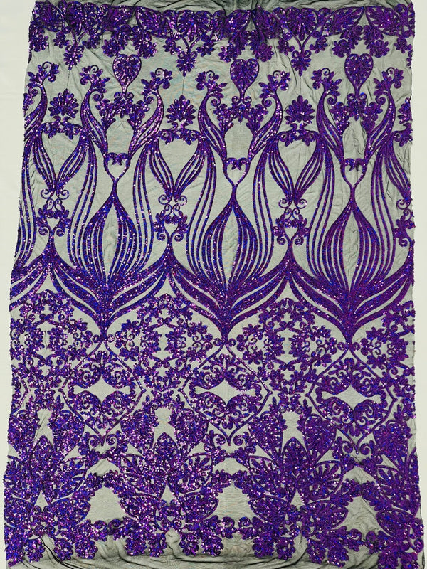 Damask Heart Design - Purple Holographic on Black - Damask with Heart Design Sequins on Mesh By Yard