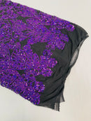 Damask Heart Design - Purple Holographic on Black - Damask with Heart Design Sequins on Mesh By Yard