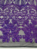 Damask Heart Design - Purple Holographic on Black - Damask with Heart Design Sequins on Mesh By Yard