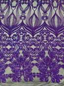Damask Heart Design - Purple Holographic on Black - Damask with Heart Design Sequins on Mesh By Yard