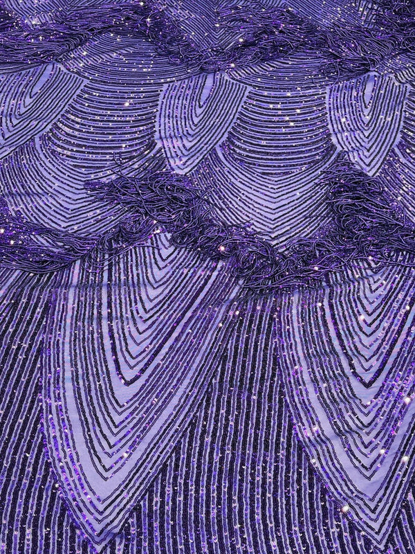 Purple Fringe Sequins - Dangle 4 Way Stretch Fancy Sequins Fabric Sold By The Yard