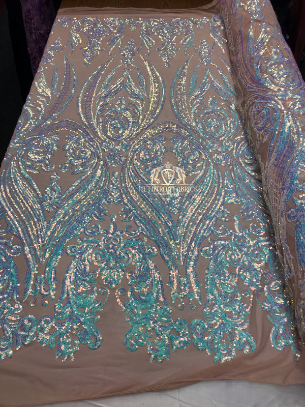 Big Damask Sequins Fabric - Iridescent Aqua - 4 Way Stretch Damask Sequins Design Fabric By Yard