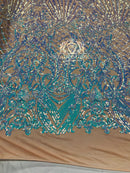 Iridescent Sequins - Lilac / Aqua - 4 Way Stretch Damask Design Fabric On Stretch Mesh By The Yard