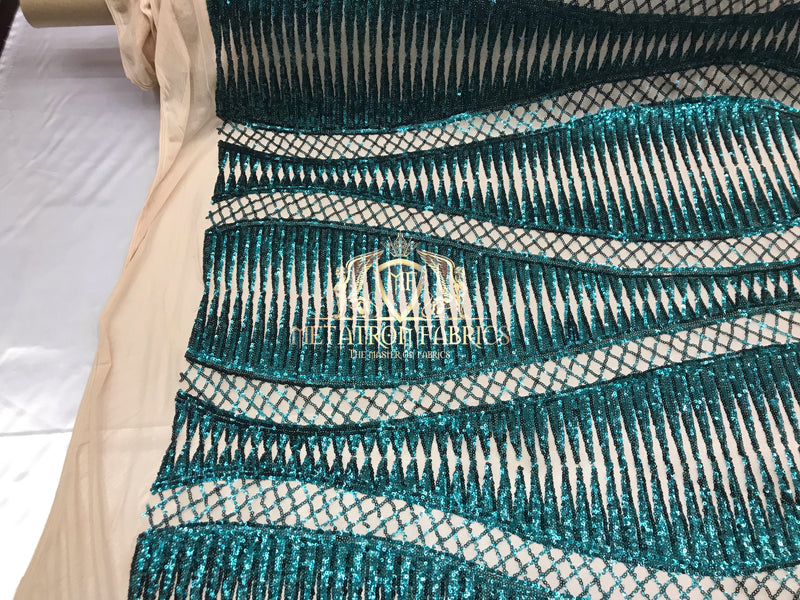 4 Way Stretch - Teal  - Horizontal Line Design Sequins On Stretch Mesh By The Yard