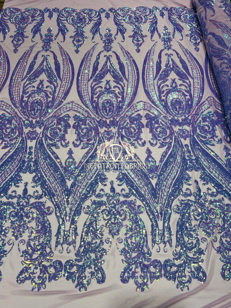Big Damask Sequins Fabric - Iridescent Lilac - 4 Way Stretch Damask Sequins Design Fabric By Yard