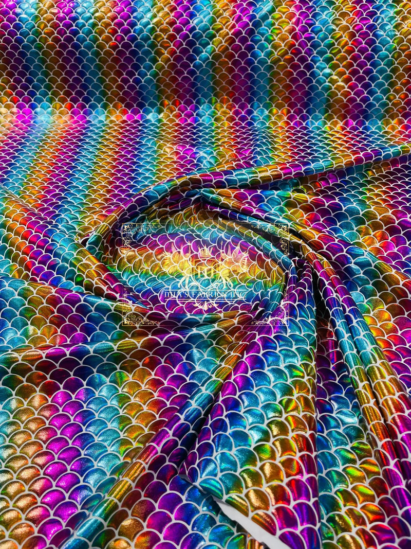 Mermaid Foil Fabric - Iridescent Rainbow - Mermaid Print Design on Spandex Fabric
