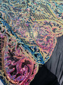 Heart Damask Sequins - Rainbow - 4 Way Stretch Elegant Shiny Net Sequins Fabric By Yard