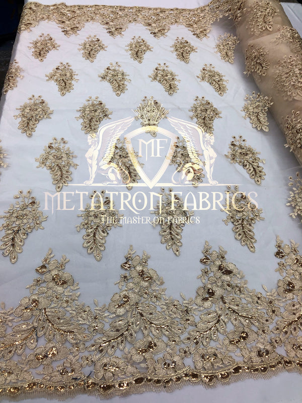 Lace Fabric - Champagne - Corded Flowers Embroidery With Sequins On Mesh Sold By The Yard