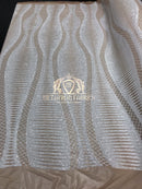 4 Way Stretch - White on Nude Mesh - Horizontal Line Design Sequins On Stretch Mesh By The Yard