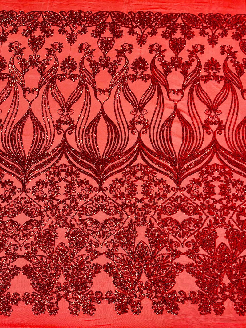 Damask Heart Design - Red - Damask with Heart Design Sequins on Mesh By Yard