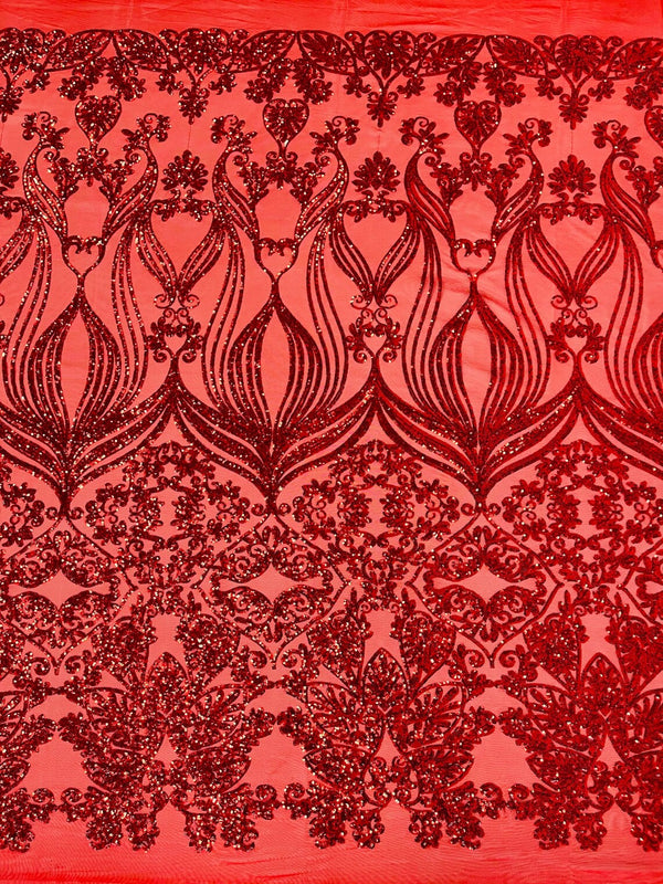 Damask Heart Design - Red - Damask with Heart Design Sequins on Mesh By Yard