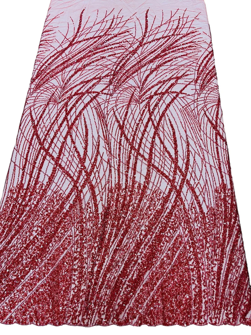 Wavy Grass Design Fabric - Red - Beautiful Beaded Fabric Design Embroidered on a Mesh Lace Sold By The Yard